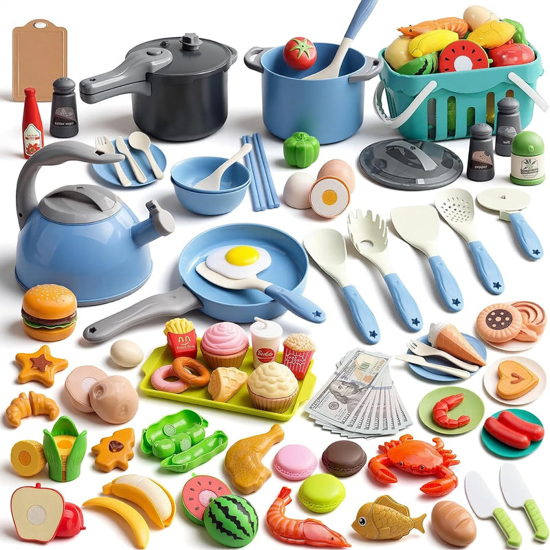 130Pcs Kitchen Playset, Toddler Pretend Cooking Play Pots, Pans, Utensils Cookware, Daily Food Fruit Veges, Shopping Storage Basket, Dessert, Prop Money, Learning Gift for Child (Blue)