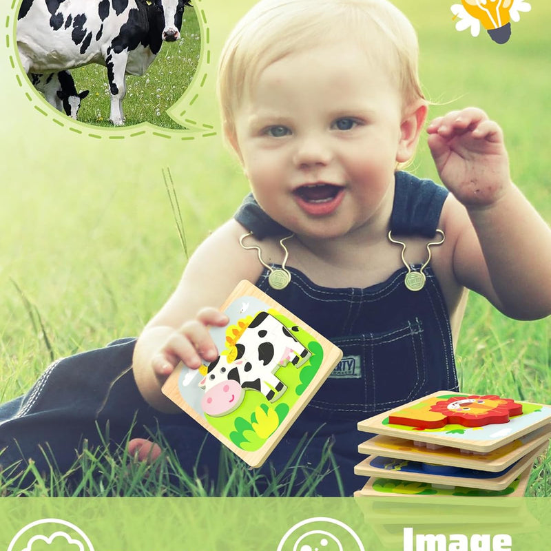 Benresive Wooden Toddler Puzzles, 6pcs Animal Montessori Toys for 1-3 Year Olds