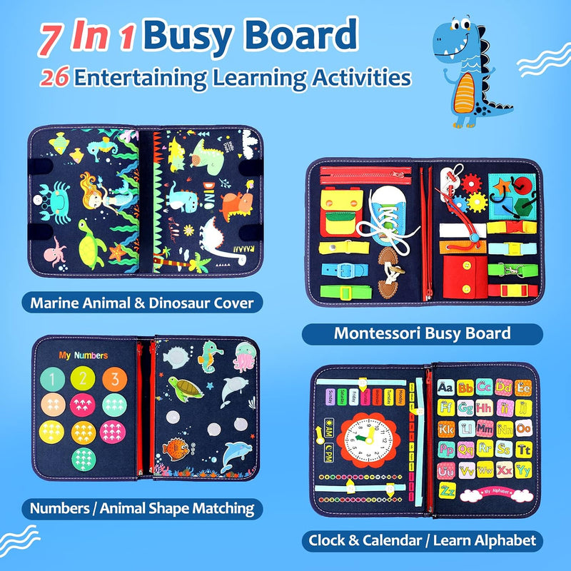 Montessori Busy Board & Busy Book for Toddlers – Sensory & Learning Toy that Keeps Kids Busy, Travel Toy for Airplane & Car, Screen for Boys & Girls (Blue/P4)