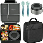 Bento Lunch Box Set for Kids with 8oz Soup Thermo, Leak-Proof Lunch Containers with 4 Compartment, Kids Thermo Hot Food Jar and Insulated Lunch Bag for Kid to School-Blue