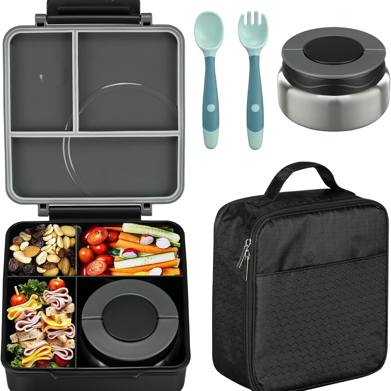 Bento Lunch Box Set for Kids with 8oz Soup Thermo, Leak-Proof Lunch Containers with 4 Compartment, Kids Thermo Hot Food Jar and Insulated Lunch Bag for Kid to School-Blue