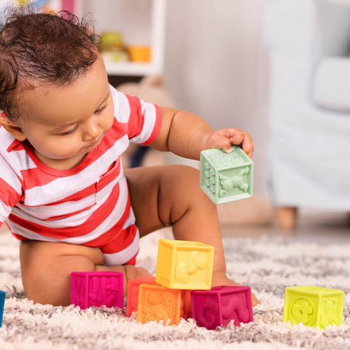 B. toys, One Two Squeeze Soft Building Blocks, 10 Pack, Blocks - 1, Baby | 10 soft blocks with numbers, shapes, colors, and animals; textured block play with reusable bag, Blocks - 1, Baby; 6+ Months