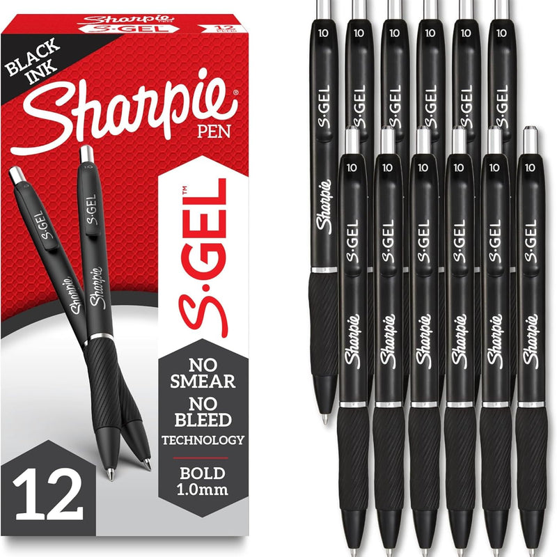 Sharpie S-Gel Gel Pens, Bold Point (1.0mm), Black Ink, Smear-Resistant, 12 Count - Smooth Writing, Back to School Essentials, Office Supplies