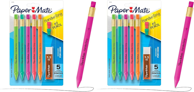 Paper Mate Handwriting Triangular Mechanical Pencils with Lead & Eraser Refills, 1.3mm, Fun Barrel Colors, 30 Count (6 Packs of 5) - Teacher Supplies, Learning to Write