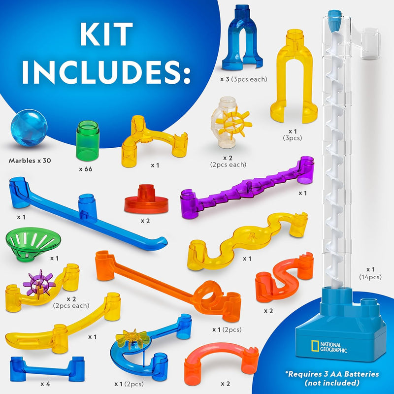 National Geographic 150-piece marble maze kit with motorized spiral lift, 30 marbles, and storage bag for kids physics toys