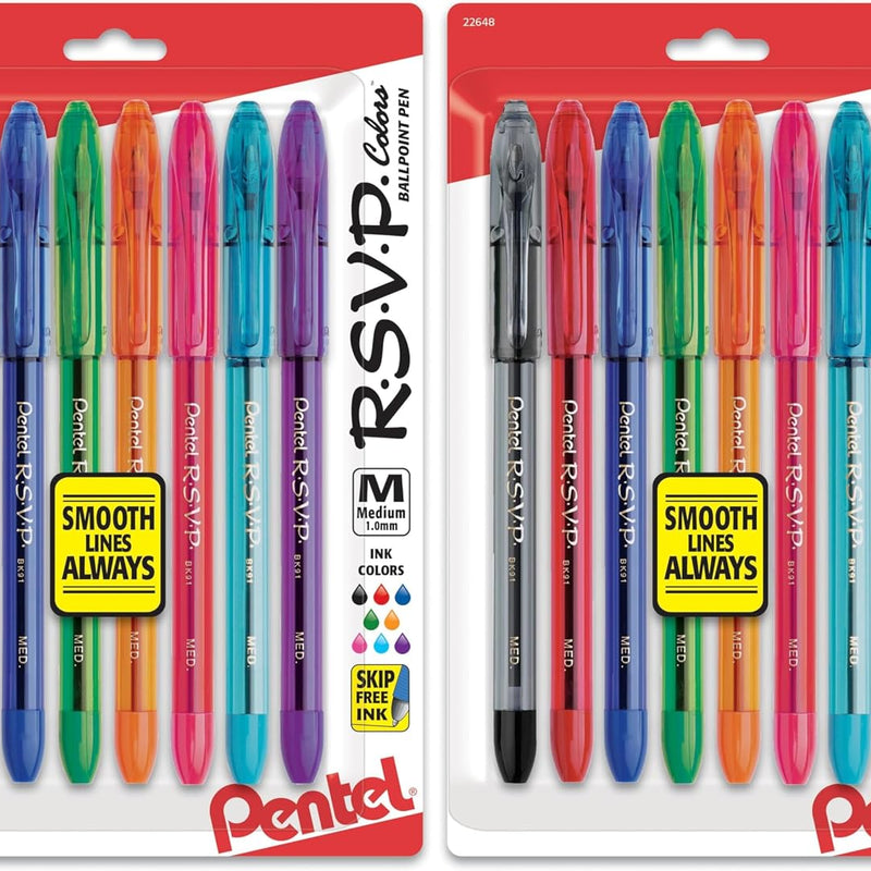 Pentel RSVP Ballpoint Pen, (1.0mm), Medium Line, Assorted Ink, Pack of 8 (BK91CRBP8M)