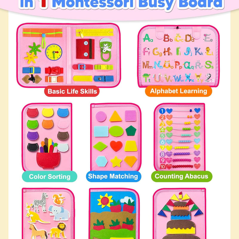 Exorany 8-Page Busy Board for Toddler Girl, Sensory Learning Toy with 20+ Activities, Soft Felt Material, Lightweight and Compact Design