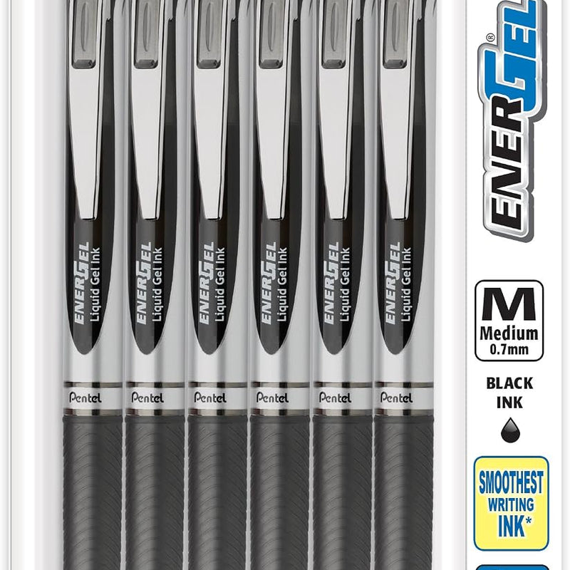 Pentel EnerGel RTX Retractable Liquid Gel Pen, (0.7mm), Medium Line, Metal Tip, Black Ink, Pack of 6 (BL77BP6A)