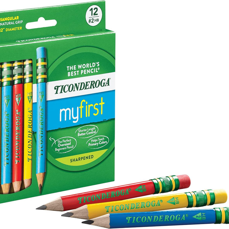 Ticonderoga My First Short Triangular Wood-Cased Pencils, #2 HB Soft, With Erasers, Primary Colors, 12 Count