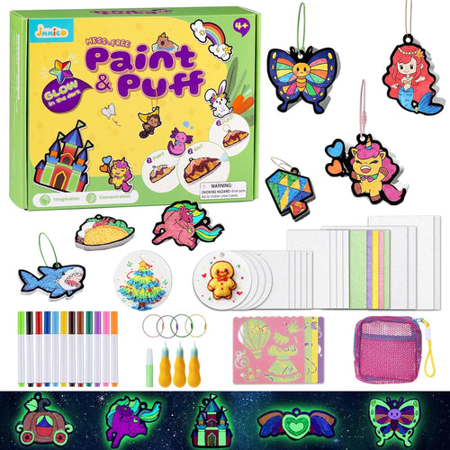 JMMICO 81 PCS 3D Art Paint & Puff Set, Mess-Free Crafts for Kids Ages 4-8 | Glow-in-the-drak Aqua Water Puffs, Gifts for Girls Boys, Creative & No Mess Painting Crafts for Kids 4 5 6 7 8 9 Year Old