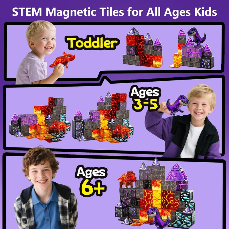 GobiDex Dinosaur Toys Magnetic Tiles Lava Cave Dinosaur World Set - Magnetic Building Blocks for Kids 3-5 5-7 Girls Boys Toys Age 4-6 6-8, STEM Sensory Toddler Birthday Gifts for 3+ Year Old Kids Toy