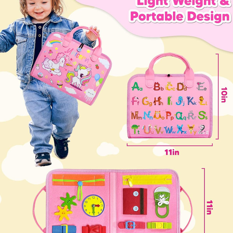 Exorany 8-Page Busy Board for Toddler Girl, Sensory Learning Toy with 20+ Activities, Soft Felt Material, Lightweight and Compact Design