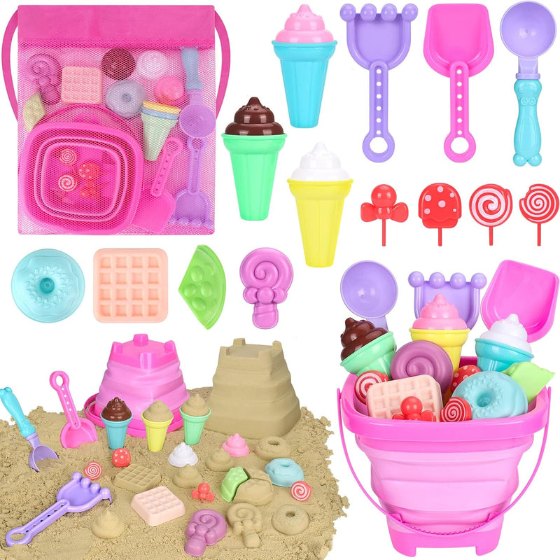 Collapsible Beach Toys Set for Kids & Toddlers: Foldable Bucket, Shovels, Sand Molds, Ice Cream Playset