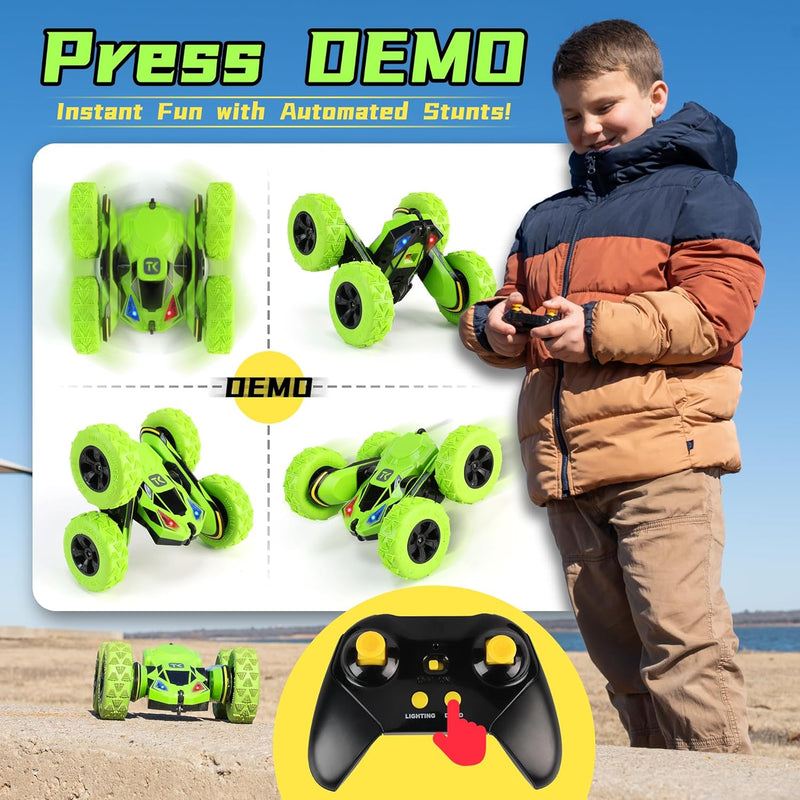 Threeking 4WD stunt RC car with soft lights, green, for kids ages 6-12, unique gift