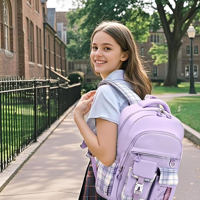 PRLINJSK Girls Backpack，Cute School Backpack for Girls Kids Teens，Kawaii Bookbag for Primary Elementary，Purple