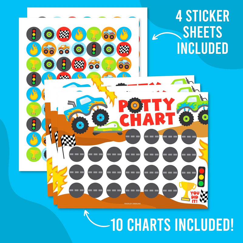 Hadley Designs Potty Training Chart for Toddlers Boys -10 Sticker Potty Chart for Toddlers Boys, 8.5x11" Potty Training Sticker Charts for Toilet Success, Monster Truck Toddler Reward Chart for Kids