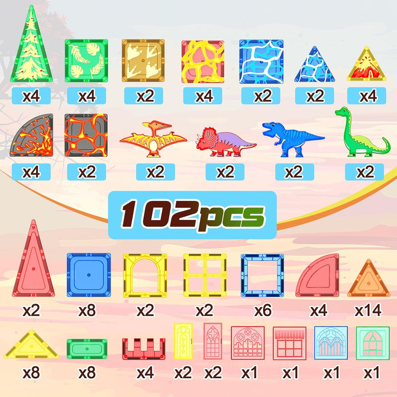 102PCS Dinosaur Toys Magnetic Tiles with 8 Dinosaurs - Jurassic Scenes Dinosaur World Adventure Set, Magnetic Blocks Kids Toys for Boys & Girls Ages 3+, Sensory Toddler Creative Kids Games Gifts