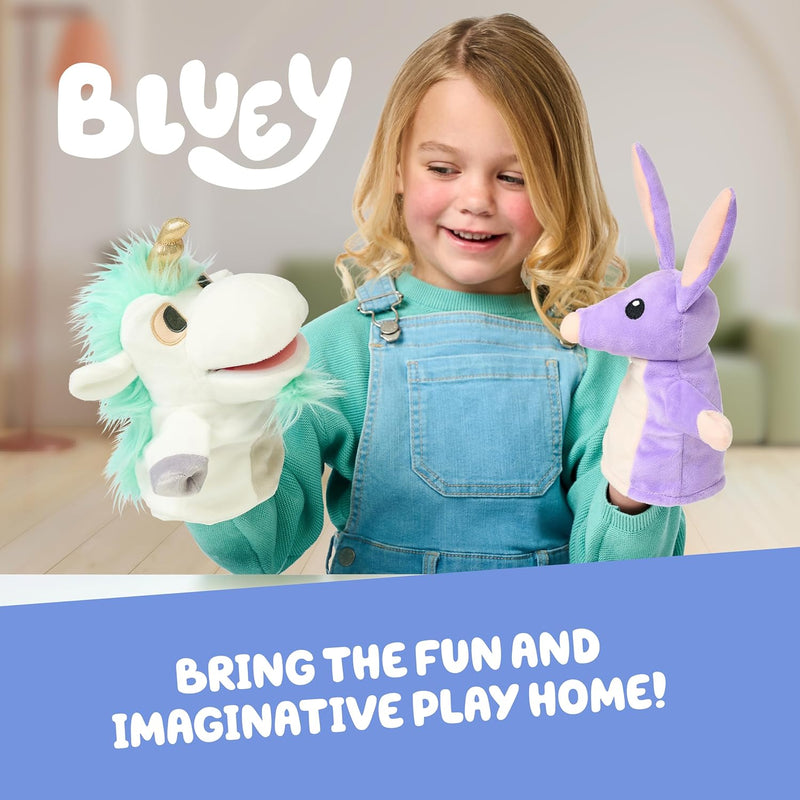 Official Bluey Unicorse & Bob Bilby Hand Puppet Plush 2-Pack | 8-9 Inch Deluxe Soft Fabric Toddler Toys with Embroidered Details for Imaginative Play & Storytime Fun.