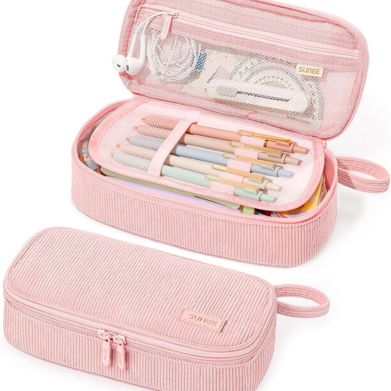 SUNEE Cute Pencil Case, Soft Corduroy Large Capacity Pencil Pouch, Aesthetic Zipper Pencil Bag, Big Storage Pen Organizer for Stationery, Pencil Box Back to School Supplies for Teen Girls Boys, Beige