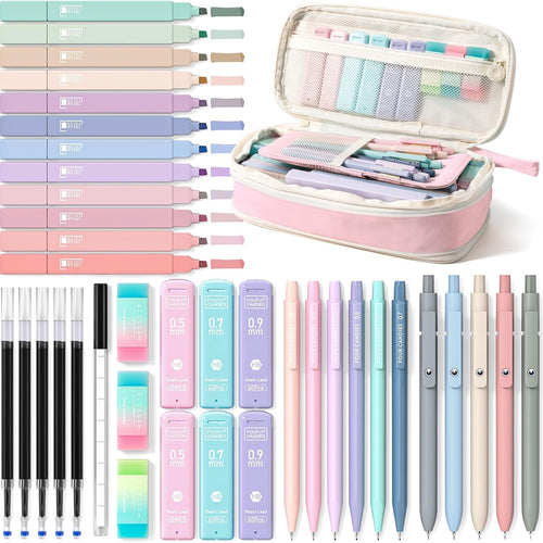 Four Candies 39 PCS Aesthetic Stationery Set with Cute Pen Case, College Supplies and Nursing Essentials, 12 Pastel Highlighters, 5 Black Gel Pens, 6 Mechanical Pencils, Pink