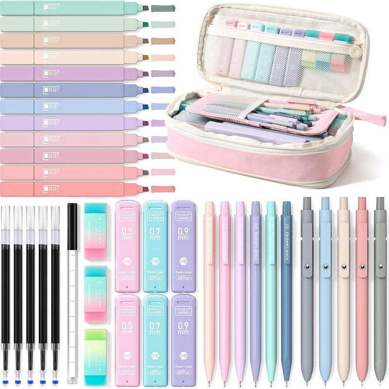 Four Candies 39 PCS Aesthetic Stationery Set with Cute Pen Case, College Supplies and Nursing Essentials, 12 Pastel Highlighters, 5 Black Gel Pens, 6 Mechanical Pencils, Pink