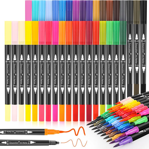 Soucolor 36 Dual Tip Brush Markers, Water-Based Art Pens, Adult Coloring | 36 Color Dual Tip Markers with Brush & Fine Point for Adult Coloring Books, Hand Lettering, Journaling & Art Projects