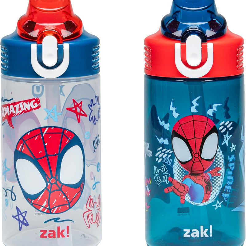 Zak Designs Marvel Spider-Man Sage 16oz Leak-Proof Straw Kids Water Bottle | BPA Free Durable Plastic, Cupholder Friendly, Dishwasher Safe, Easy to Clean, Lid Lock, Handle, For School, Home, Travel