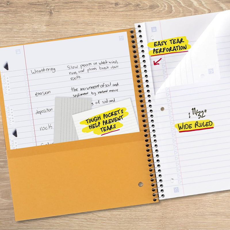 Five Star Spiral Notebook + Study App, 5 Subject, Wide Ruled Paper, 8" x 10-1/2", 200 Sheets, Fights Ink Bleed, Water Resistant Cover, Tidewater Blue (73196)