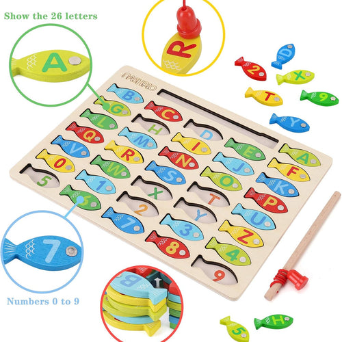 Magnetic Wooden Fishing Game Toy for Toddlers, Alphabet Fish Catching Counting Games Learning Toy 3 4 5 Years Old Kids
