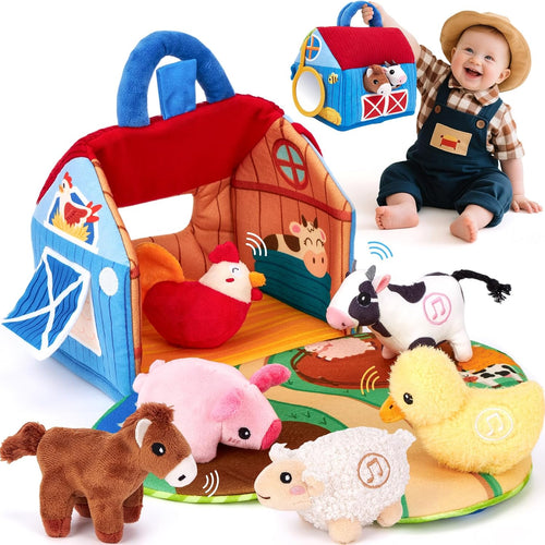 hahaland 6-12 month baby surprise barn with farm animals and real sounds - montessori toys for infants