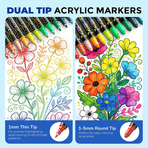 Betem 24 Colors Dual Tip Acrylic Paint Markers, Fabric Decorating Kits Premium Water-Based Acrylic Paint Pens Art Supplies for Fabric, Rock, Wood, Glass, Canvas, Ceramic, Teacher Appreciation Gift
