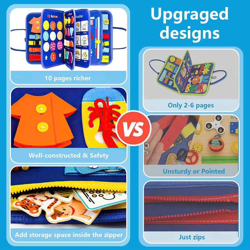 Blue toddler busy board with 12 pages of interactive learning activities for boys, ideal birthday gift for 1-3 year olds