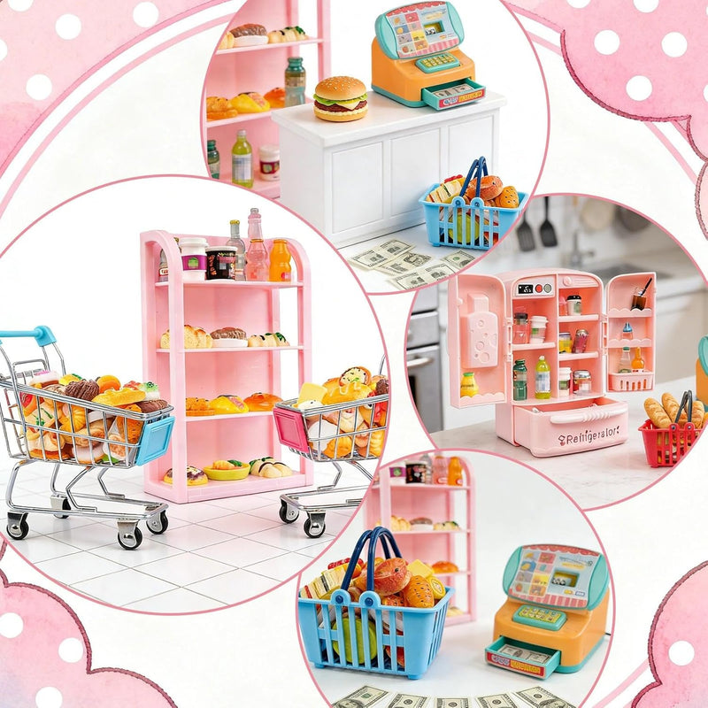 164Pcs Mini Shopping Cart Basket Miniature Food Drink Toy Supermarket Metal Handcart Trolley DollHouse Store Grocery Accessories Kitchen Play Game Party Model Shelves Cash Register Refrigerator Fridge