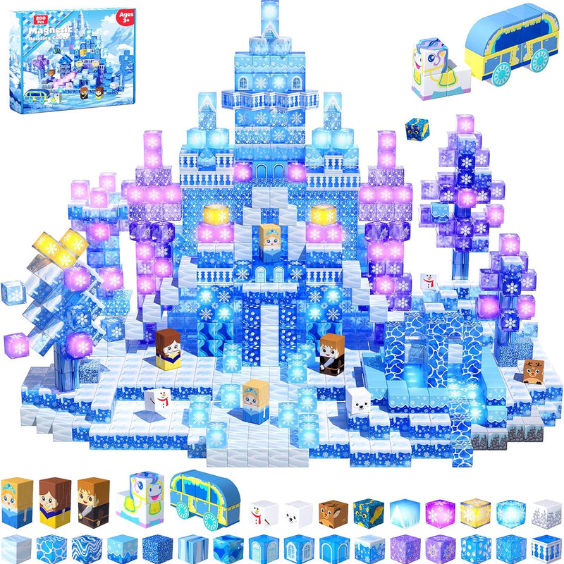 Magnetic Blocks - 100Pcs 0.8in Magnetic Building Block for Kids Ages 4-8, Transparent Magnet Block Blue Princess Castle, Frozen Magnetic Cubes Tiles Princess Toy for Girl 3 4 5 6 7 8-12 Birthday Gift