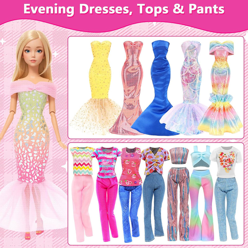 ENOCHT Doll Clothes and Accessories Including 5 Wedding Gowns 9 Fashion Dresses 3 Tops 3 Pants 1 Evening Dresses 2 Swimsuits Bikini 20 Hangers 18 Shoes and 22 Accessories Toys for 11.5 inch Doll