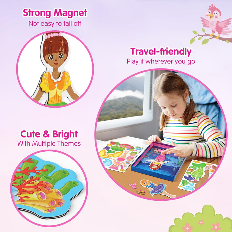 Mocoosy Magnetic Dress Up Dolls for Girls, Princess Mermaid Fairy Ballerina Magnet Doll Playset, Travel Game Airplane Car Road Trip Activity Essential Toy Birthday Gift for Toddler Girl Age 3 4 5 6 7