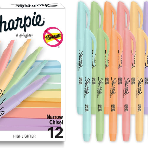 Sharpie Pocket Highlighters, Mild Pastel Colors, Assorted, Chisel Tip, 12 Count - School, Home, and Office Use, Teacher Supplies