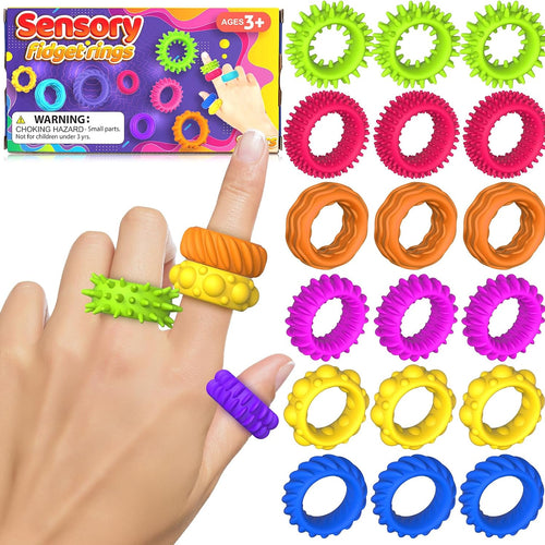 Fidget Toys Sensory Rings for Kids: Quiet Textured Ring 18 Pack - Sensory Toys for Kids with Autism - Calming Corner Bulk Fidgets for Classroom Prize - Party Favors Goodie Bag Fillers