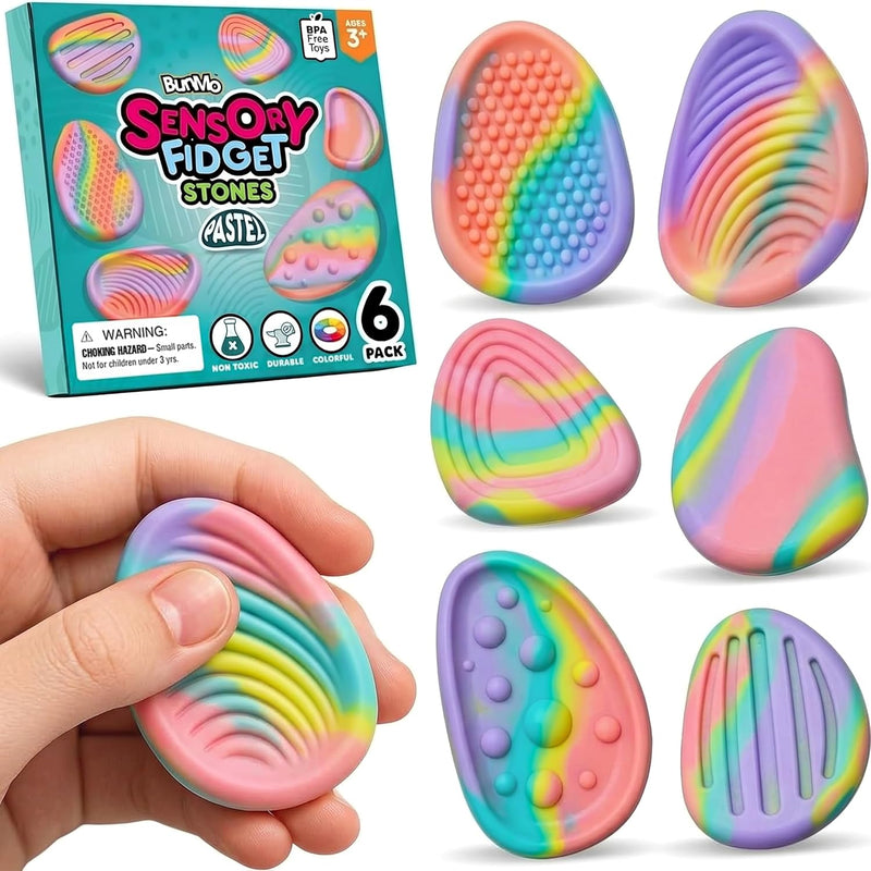BUNMO Fidget Toys - Fidget Stones Sensory Toys – 6pk Pastel | Silicone Worry Stones for Kids Ages 3+ | Portable, Textured, Quiet Sensory Stones for Hands-On Play