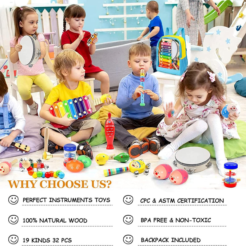 Toddler 32-PC wooden percussion instruments set for kids musical learning and education