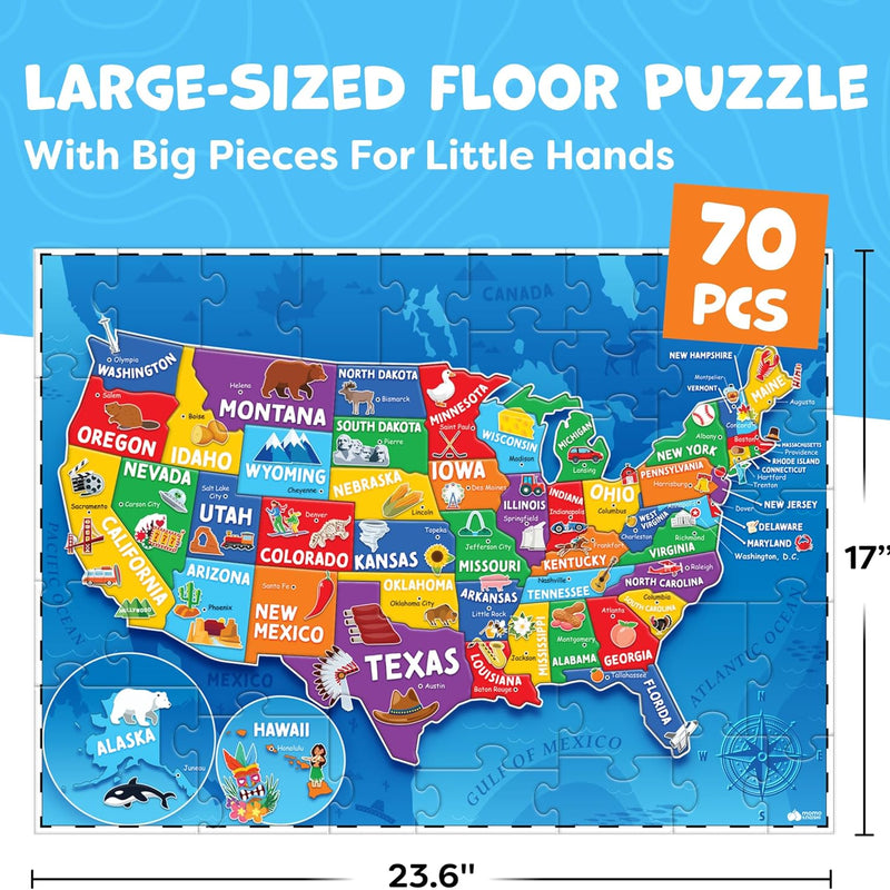 United States 70Pcs Floor Puzzle for Kids Ages 4-6 - USA Map with 50 States & Capitals