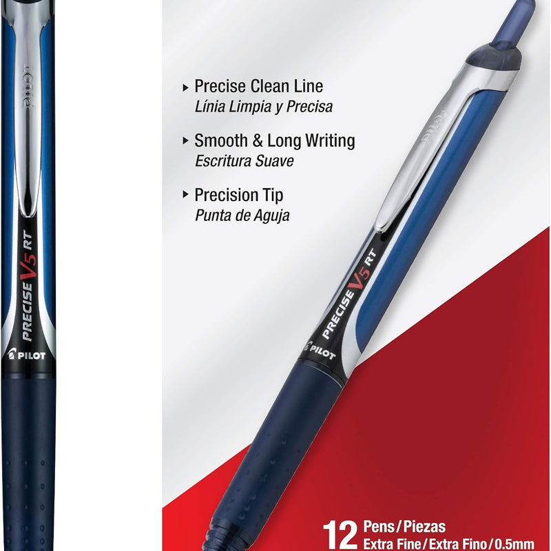 Pilot Precise V5 RT Refillable & Retractable Rollerball Pens, Extra Fine Point Pens 0.5 mm, Black, Pack of 12 - Ideal for School, Journaling & Office Writing