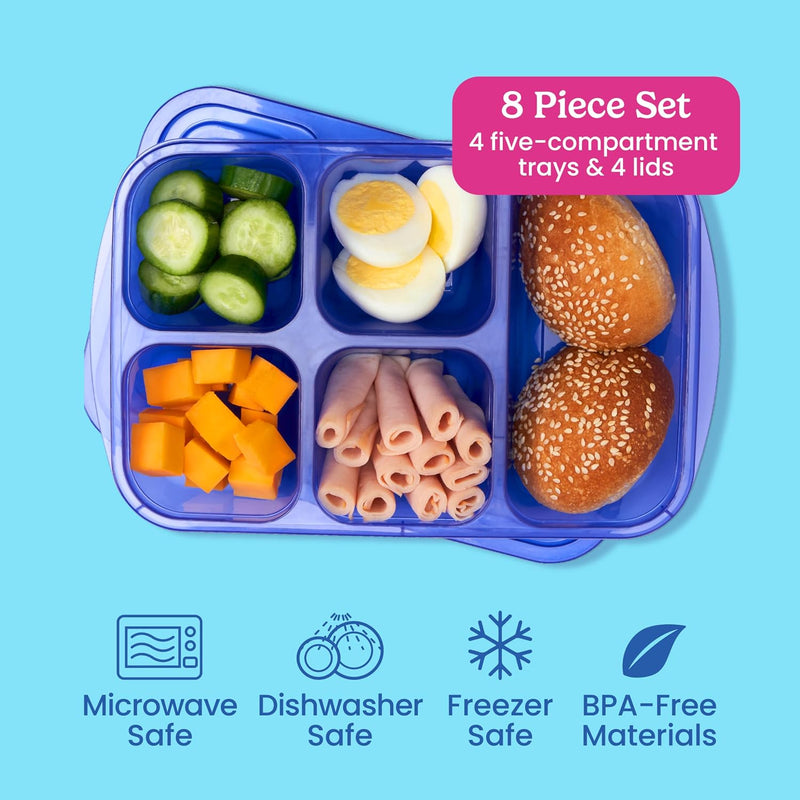 Bentgo Easyboxes - Reusable 5-Compartment Food Containers, Stackable 8-Piece Set, 4 Trays & 4 Lids, BPA-Free Food Storage for Meal Prep, School, & Work; Lunch Boxes w/Patented Design (Jewel Brights)