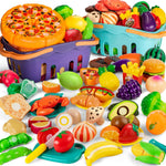 Cutting Play Food Toys for Kids with 28-Piece Fruits and Vegetables Set and Shopping Storage Basket