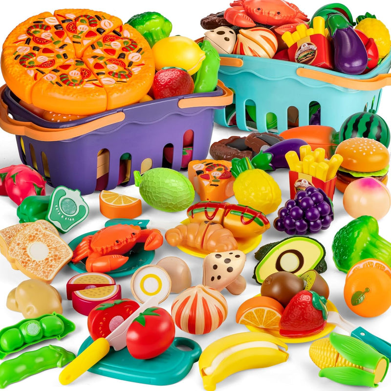 Cutting Play Food Toys for Kids with 28-Piece Fruits and Vegetables Set and Shopping Storage Basket