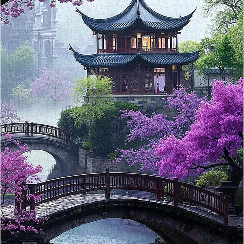 PICKFORU Plum Blossom Dreamscape Puzzles for Adults 1000 Pieces, Vintage Flower Tree Scenery Puzzles, Impossible Unique Lake Park Theme as Home Decor