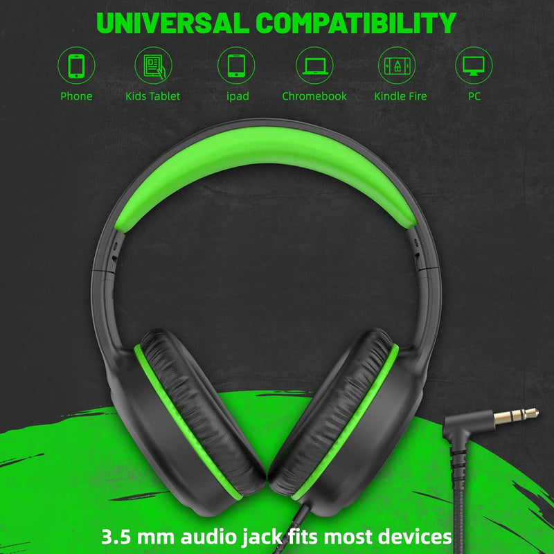 UKELALA Green Wired Headphones for Youth - Portable On Ear Headphones for School Airplane Travel