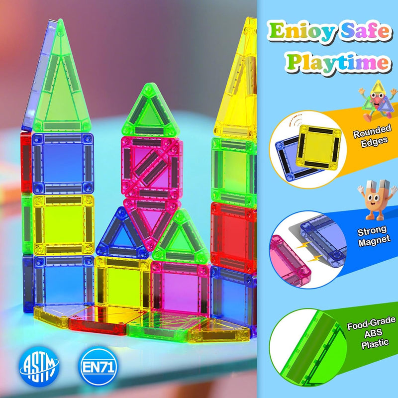 Mini Magnetic Tiles, 40 PCS tin travel magnetic tiles for kids age 3+, STEM educational building set