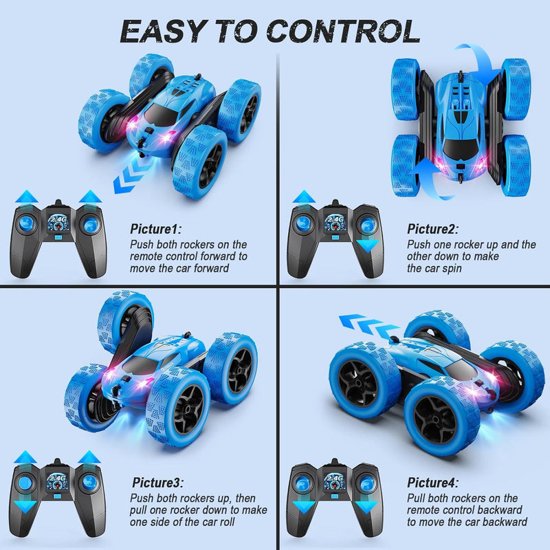 Qunreda 4WD RC Stunt Car for Kids, 2.4GHz, LED Lights, 360° Flips, Upgraded USB-C Batteries, 6-12 years old