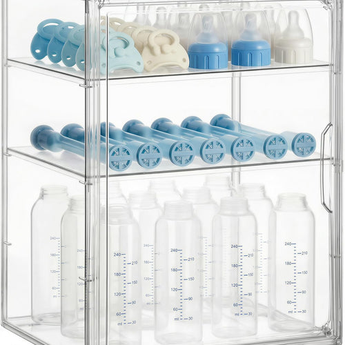HBlife Baby Bottle Storage Organizer for Countertop Cabinet, 3 Tiers Adjustable Clear Acrylic Bottles Storage Station Case Box Container with 2 Removable Dividers and Magnetic Door, Large